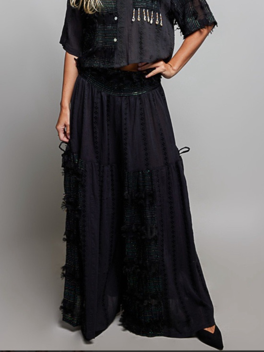 P88. POL Black Tiered Boho Shimmered Pants
